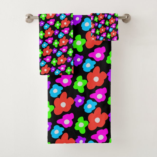 Retro Black Rainbow Farbige Blume Muster Badhandtuch Set (Insitu)