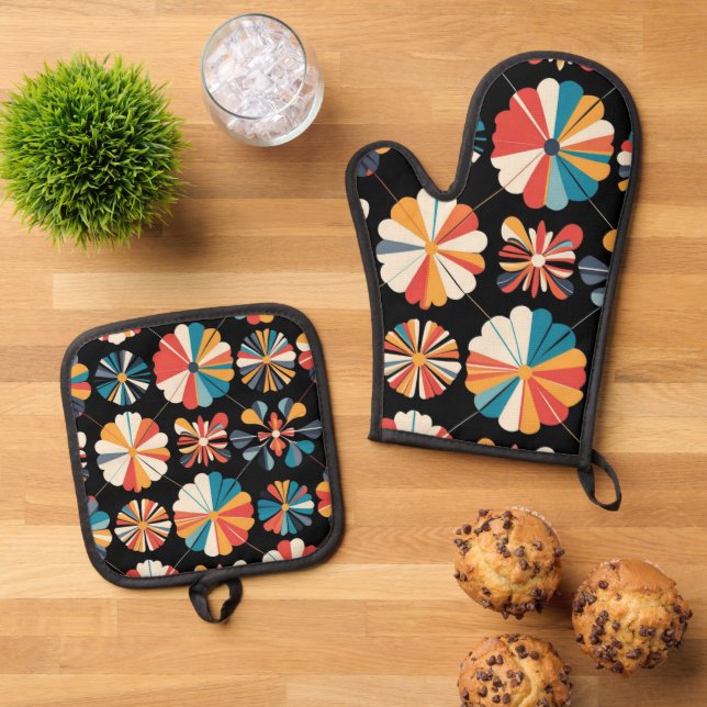 Retro Black Rainbow geometric Flowers Pattern  Ofenhandschuh & Topflappen-Set (Oben Unten)