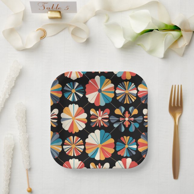 Retro Black Rainbow geometric Flowers Pattern  Pappteller (Hochzeit)