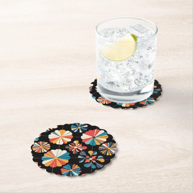 Retro Black Rainbow geometric Flowers Pattern  Untersetzer (Vor Ort)