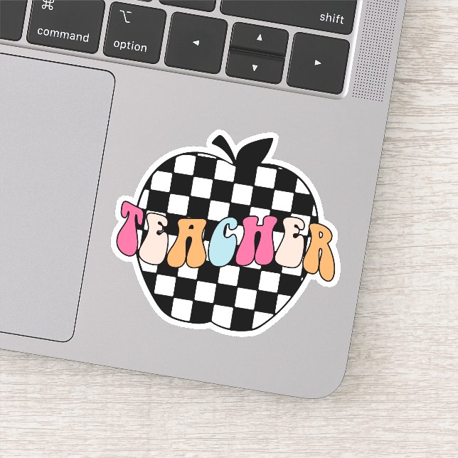 Retro Black & White Checkered Apple Lehrer Vinyl Aufkleber (Detail)