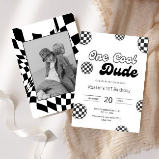 Retro Black & White Checkered Muster 1. Geburtstag Einladung