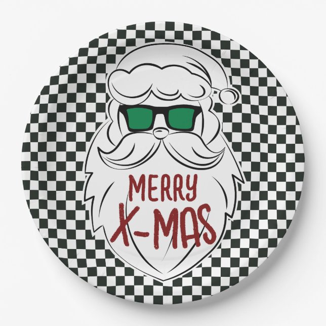 Retro Black White Checkered Santa Claus Christmas Pappteller (Vorderseite)