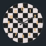 Retro Black White Checks Checkerboard Pattern Große Wanduhr<br><div class="desc">Cool fresh checkered pattern design, modern interior design decor for home, living room, nursery room, kids room. Checkered colorful curtains, rug, phone case. Checkered 70s and 60s trend design idea. Black and white checkers</div>