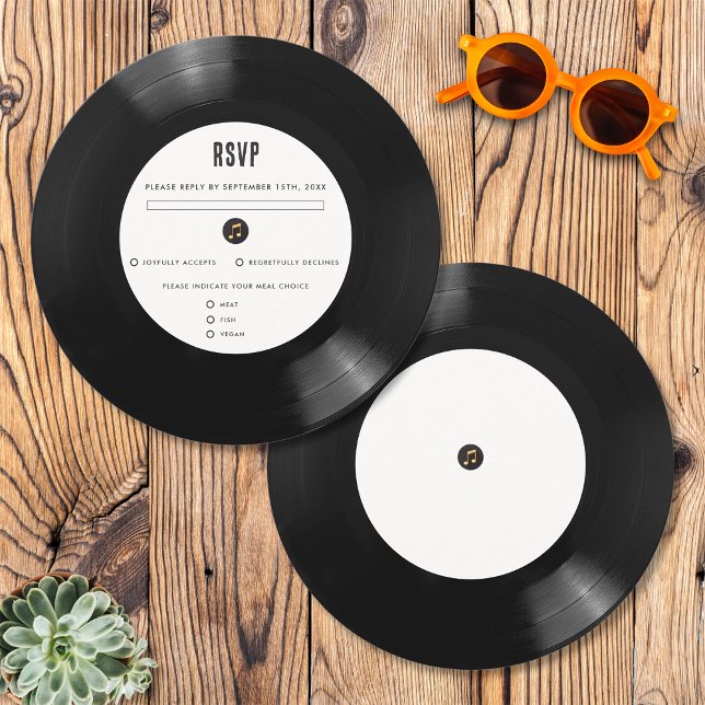 Retro Black & White Vinyl Record - RSVP-Karte Einladung (Front/Back)