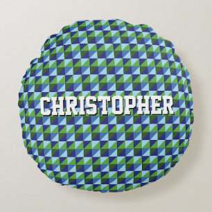 Retro Blau & Grün Geometrisches Dreieck Abstract Rundes Kissen
