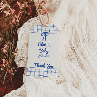 Retro Blau Handgezeichnetes Gingham-Schleife Baby Geschenkanhänger
