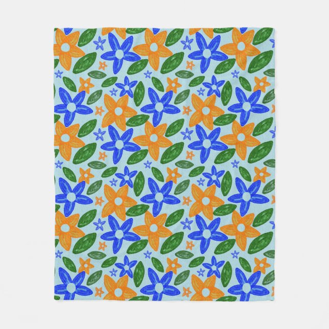 Retro Blau & Orange Blumenmuster  Fleecedecke (Vorderseite)