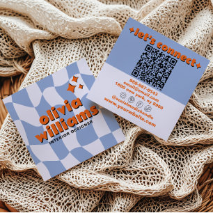 Retro Blau Orange QR-Code Groovy Karo Trendig Quadratische Visitenkarte