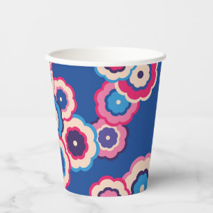 Retro Blau & Rosa 60er Blumenmuster Pappbecher
