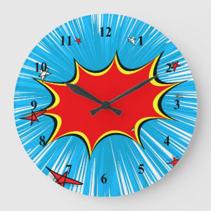 Retro Blau & Rote Sterne Comic Explosion Große Wanduhr