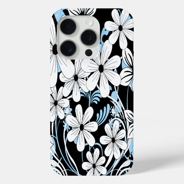 Retro Blau Schwarz-Weiß-Blütenmuster Case-Mate iPhone Hülle (Rückseite)