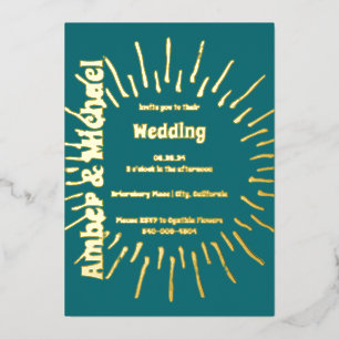 Retro Blau Türkis und Goldene Sonnenhochzeit Folieneinladung