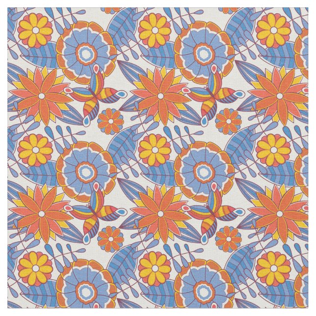 Retro Blau und Orange Floral Stoff (Nahaufnahme)