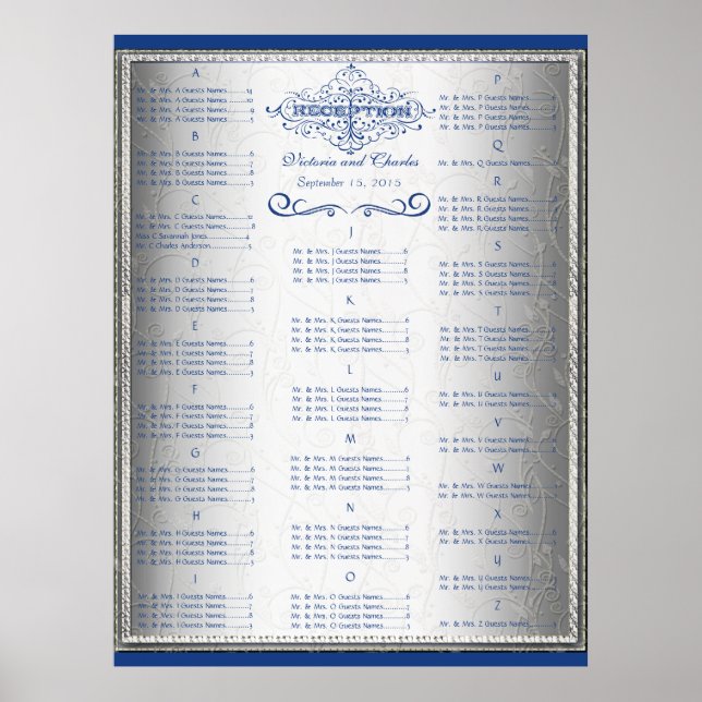 Retro Blau und Silber Hochzeitsgästesitzplan Poster (Vorne)