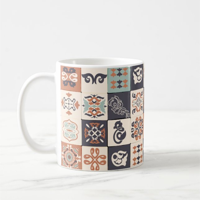 Retro Blau, weiß und orange Azulejos Pattern Lisb Kaffeetasse (Links)