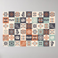 Retro Blau, Weiß und Orange Azulejos Pattern Lisb