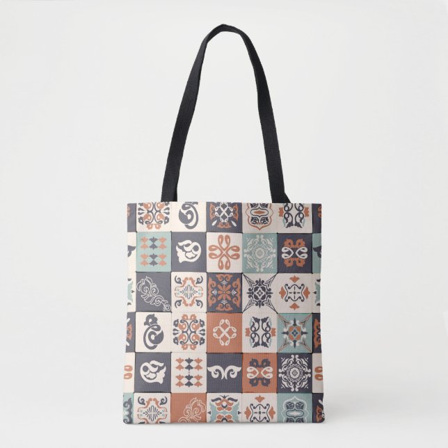 Retro Blau, weiß und orange Azulejos Pattern Lisb Tasche (Vorderseite)