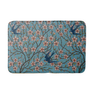 Retro-blaue Blumen-Schwalben-Muster von Walter Cra Badematte