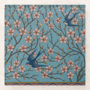 Retro-blaue Blumen-Schwalben-Muster von Walter Cra Glasuntersetzer