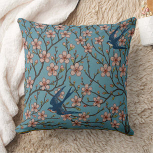Retro-blaue Blumen-Schwalben-Muster von Walter Cra Kissen