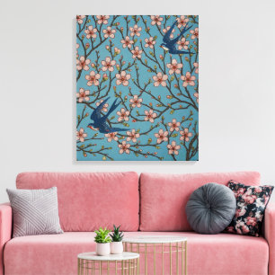 Retro-blaue Blumen-Schwalben-Muster von Walter Cra Leinwanddruck
