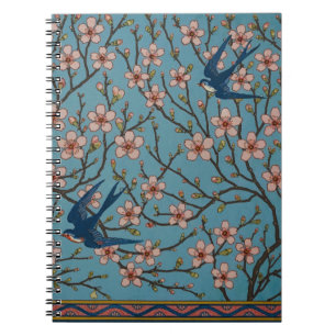 Retro-blaue Blumen-Schwalben-Muster von Walter Cra Notizblock