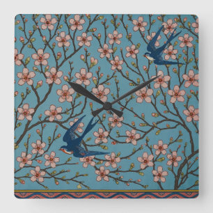 Retro-blaue Blumen-Schwalben-Muster von Walter Cra Quadratische Wanduhr