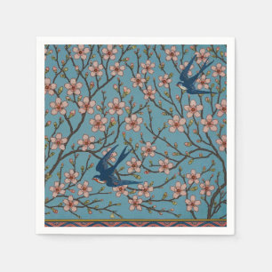 Retro-blaue Blumen-Schwalben-Muster von Walter Cra Serviette