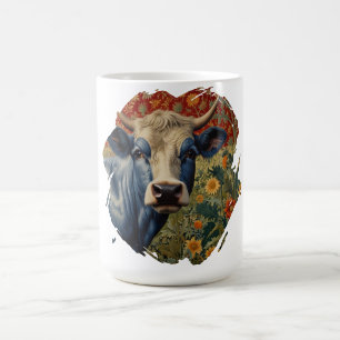 Retro Blaue Kuh im Sonnenblumengarten Kaffeetasse