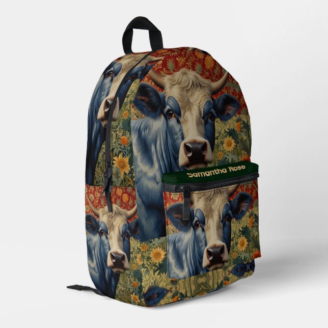 Retro Blaue Kuh im Sonnengarten Bedruckter Rucksack (Rückseitige Ecke links)