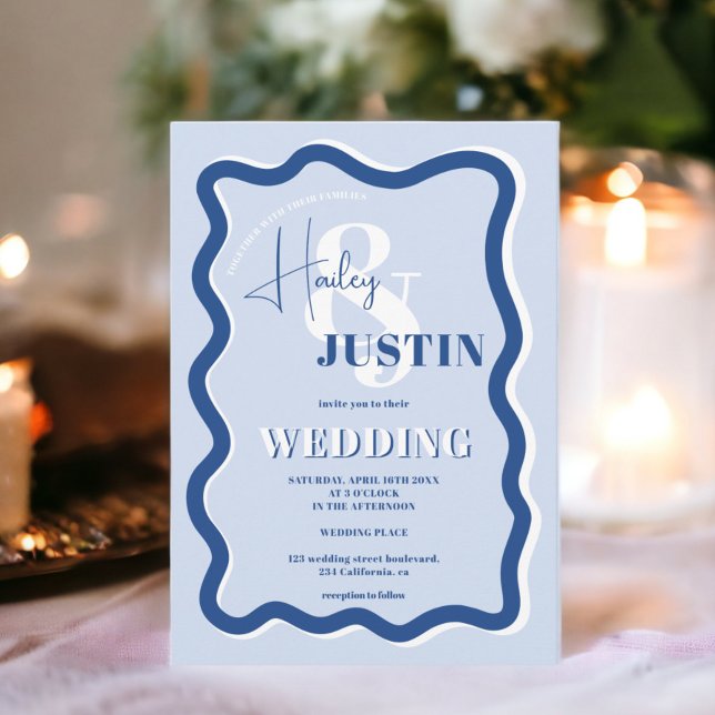Retro blaue Kurve quiggle wavy Hochzeitsfest Foto Einladung (Retro blue curve squiggle wavy wedding photo invitation)