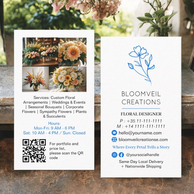 Retro-blaue minimalistisch-floristische Fotos qr-C Visitenkarte (Retro blue minimalist florist photos qr code business card)