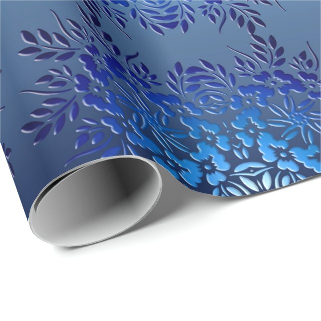 Retro blaue mit Blumensteigung Geschenkpapier (Rolleneckpunkt)