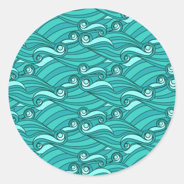 Retro-blaue Wellen doodle surf art Runder Aufkleber (Vorderseite)