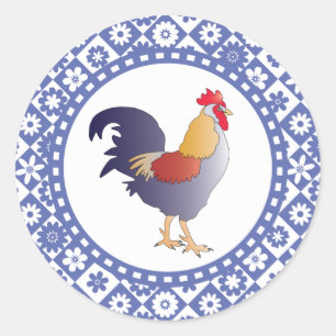 Retro blauer und weißer französischer Hahn und Runder Aufkleber