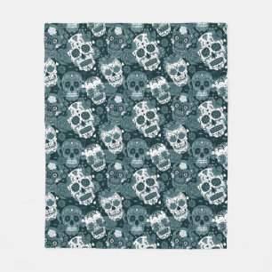 Retro-blauer Zuckerschädel-Blumen-Ornamentalmuster Fleecedecke