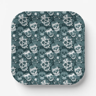 Retro-blauer Zuckerschädel-Blumen-Ornamentalmuster Pappteller