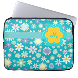 Retro blaues Blumen-Power-Monogramm Laptopschutzhülle