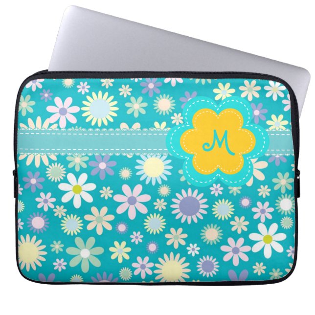 Retro blaues Blumen-Power-Monogramm Laptopschutzhülle (Vorderseite)