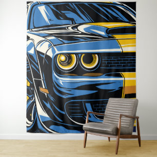 Retro Blaues Muscle Car Front Pop-Art-Illustration Wandteppich
