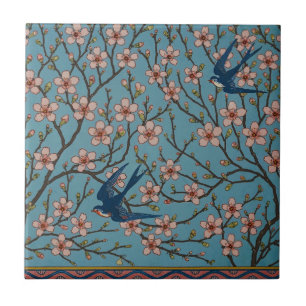Retro-blaues Schwalbenmuster mit floralem Design v Fliese