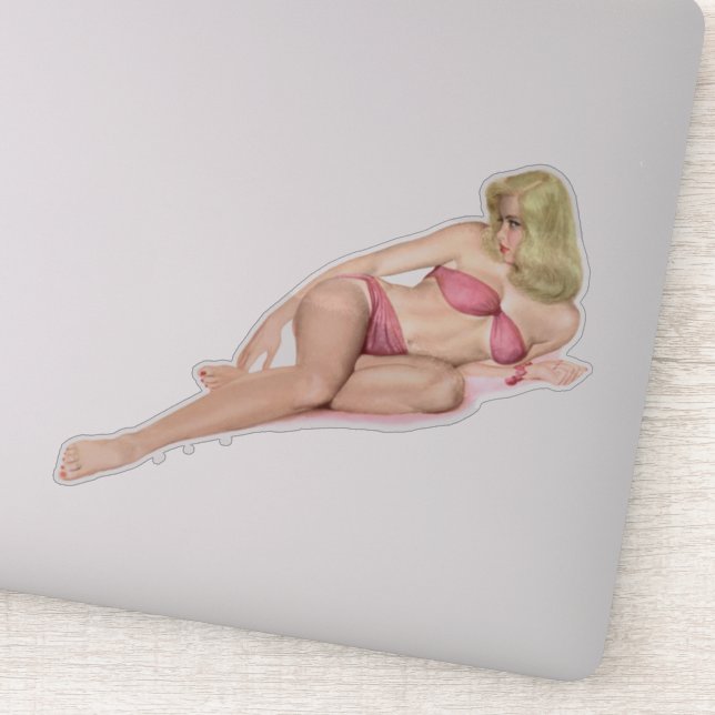 Retro Blonde Button-up Girl in Pink Swimming Anzug Aufkleber (Detail)