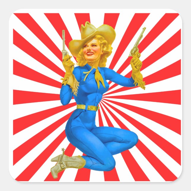 Retro Blonde Button-up Girl in Western Boots Quadratischer Aufkleber (Vorderseite)