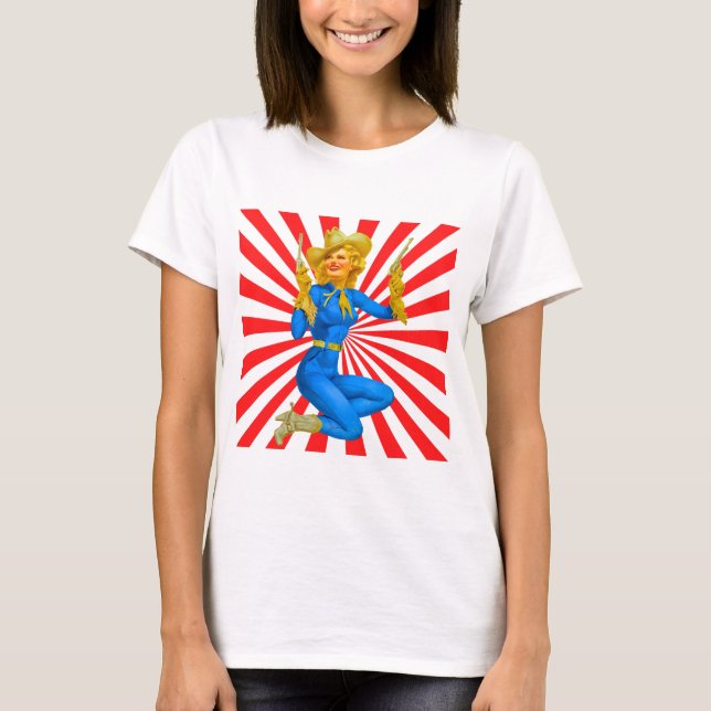 Retro Blonde Button-up Girl in Western Boots T-Shirt (Vorderseite)