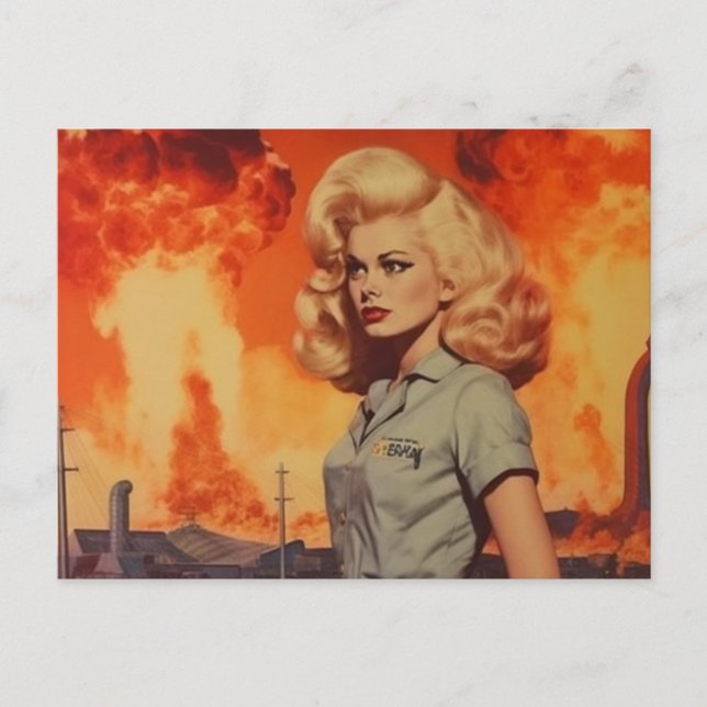 Retro blonde Frau in einer postapokalyptischen Wel Postkarte (Vorderseite)