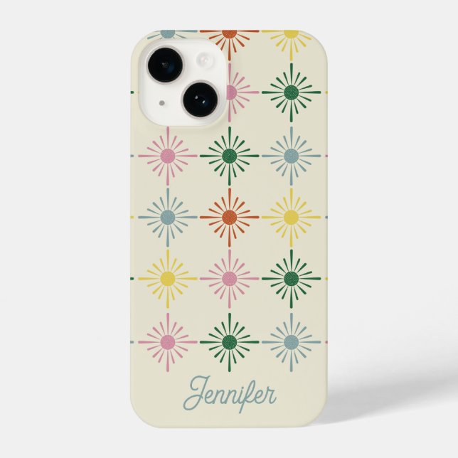 Retro Bloom Geometric Floral Print Personalisiert iPhone 14 Hülle (Rückseite)