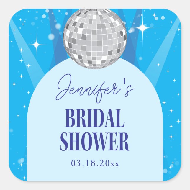 Retro Blue 70s Disco Dancing Queen Bridal Shower Quadratischer Aufkleber (Vorderseite)