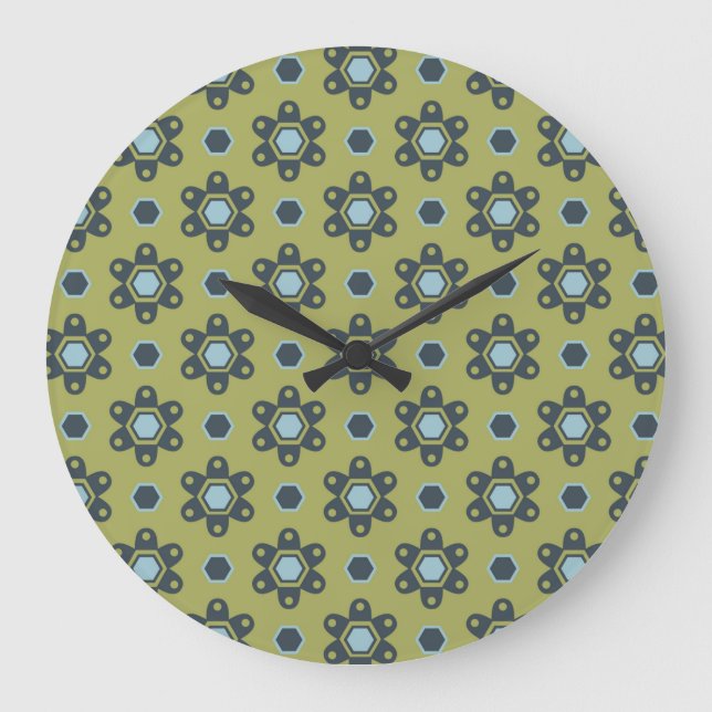 Retro Blue & Black Daisies on Green Floral Pattern Große Wanduhr (Vorderseite)