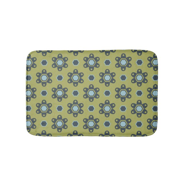 Retro Blue & Black Daisis auf grünem Blumenmuster Badematte (Vorderseite)